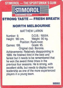 1990 AFL Scanlens Stimorol #98 Matthew Larkin Back